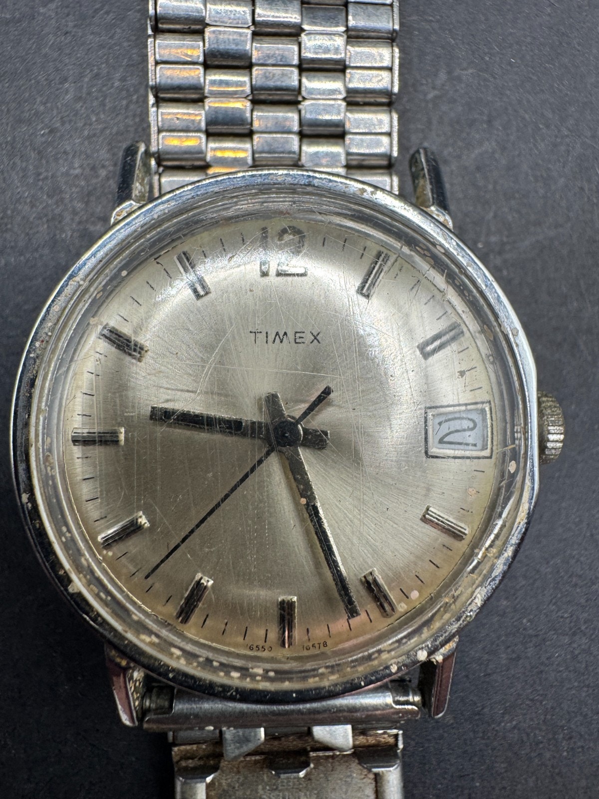 Vintage Timex Manual Wind Watch Date Silver Tone 16550 10578 Manual Wind